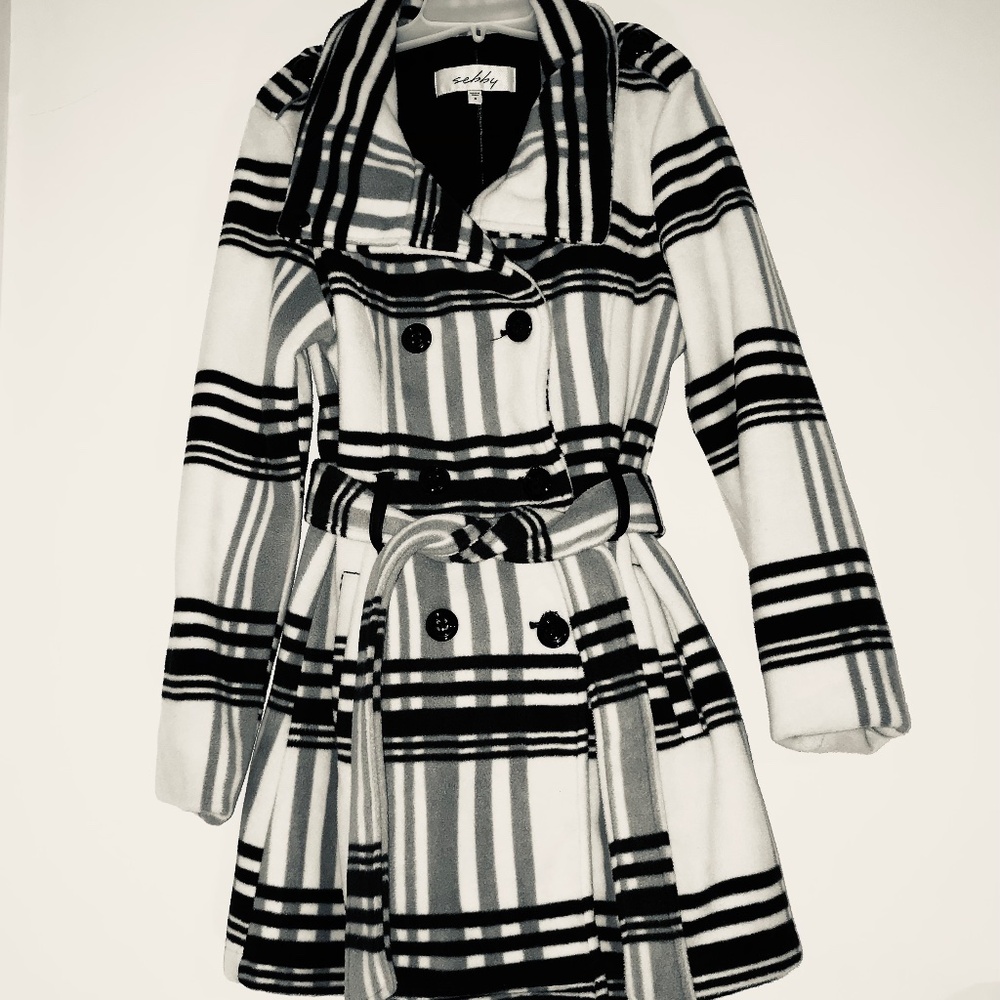 Sebby Black, White, and Gray Plaid Double Breasted Pea Coat Jacket Size Small